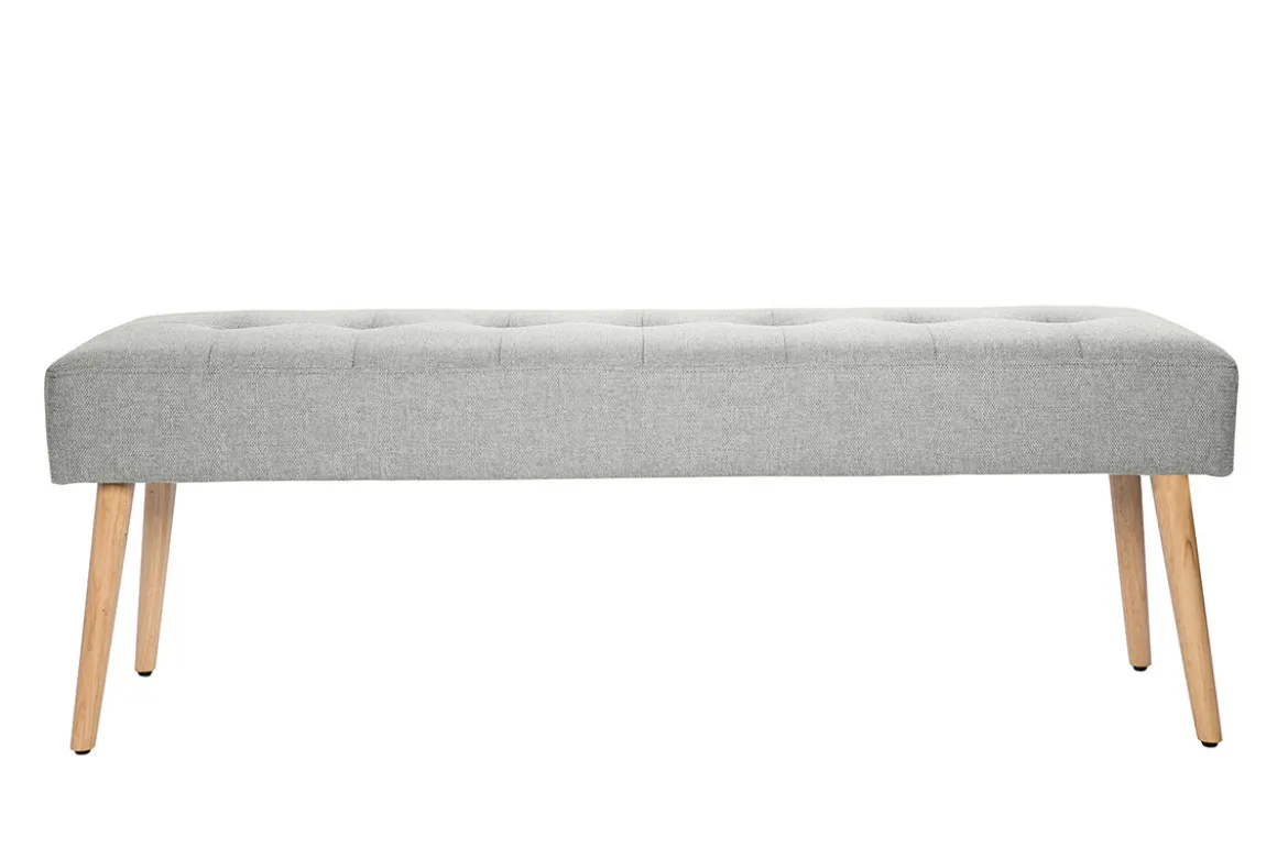 Banc scandinave capitonné en tissu effet velours texturé gris clair et bois clair L130 cm GUESTA