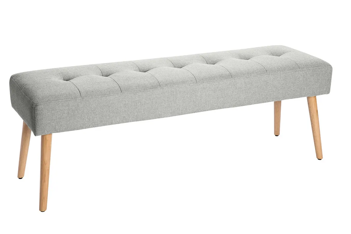 Banc scandinave capitonné en tissu effet velours texturé gris clair et bois clair L130 cm GUESTA