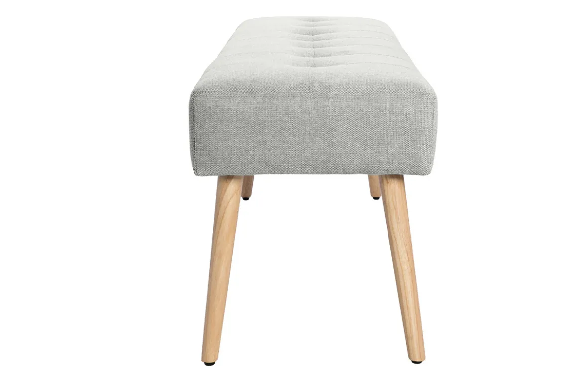 Banc scandinave capitonné en tissu effet velours texturé gris clair et bois clair L130 cm GUESTA