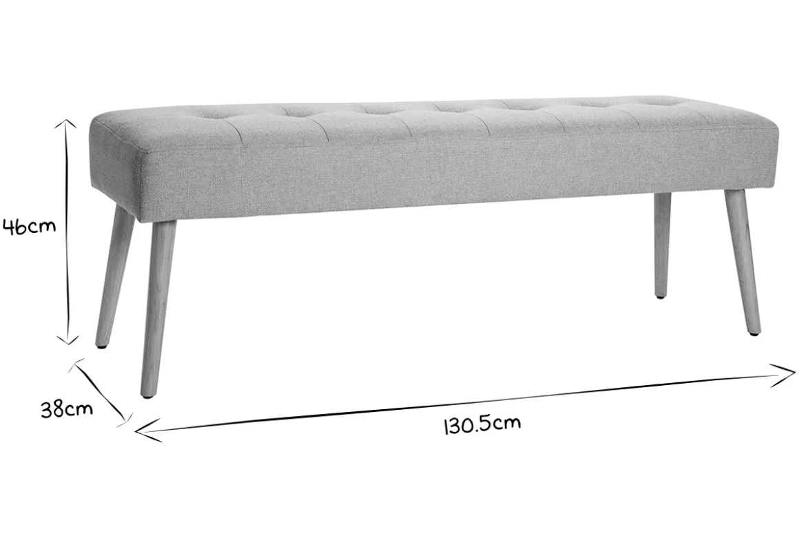 Banc scandinave capitonné en tissu effet velours texturé gris clair et bois clair L130 cm GUESTA