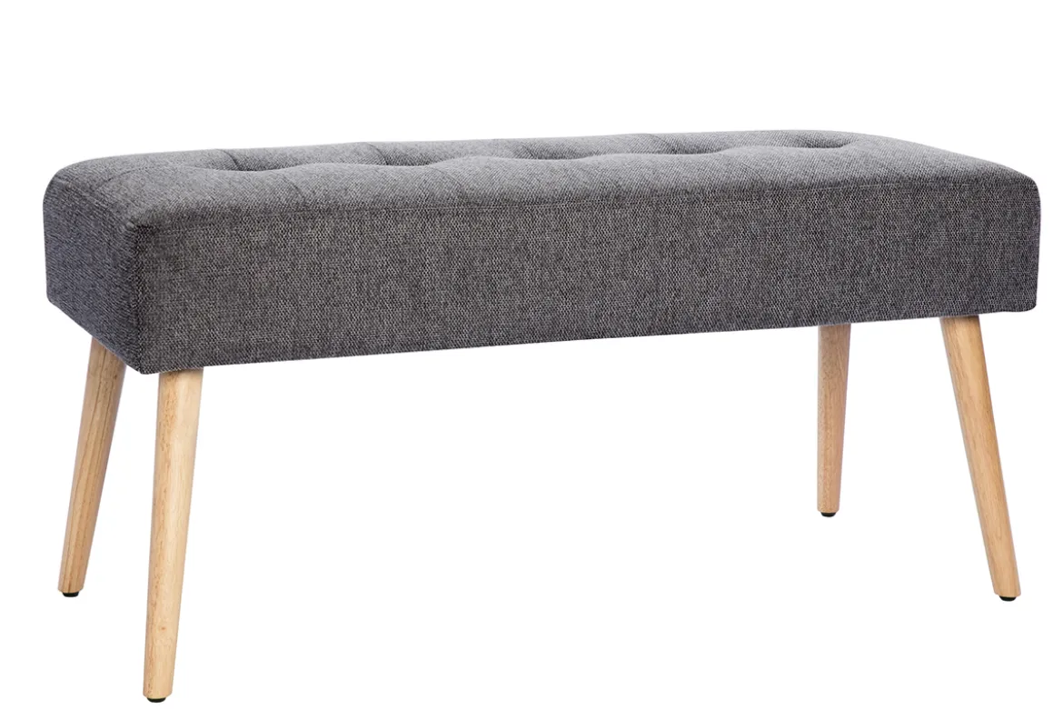 Banc scandinave capitonné en tissu effet velours texturé gris foncé et bois clair L96 cm GUESTA