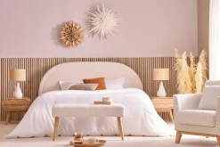 Banc scandinave capitonné en tissu effet laine bouclée blanc et bois clair L96 cm GUESTA