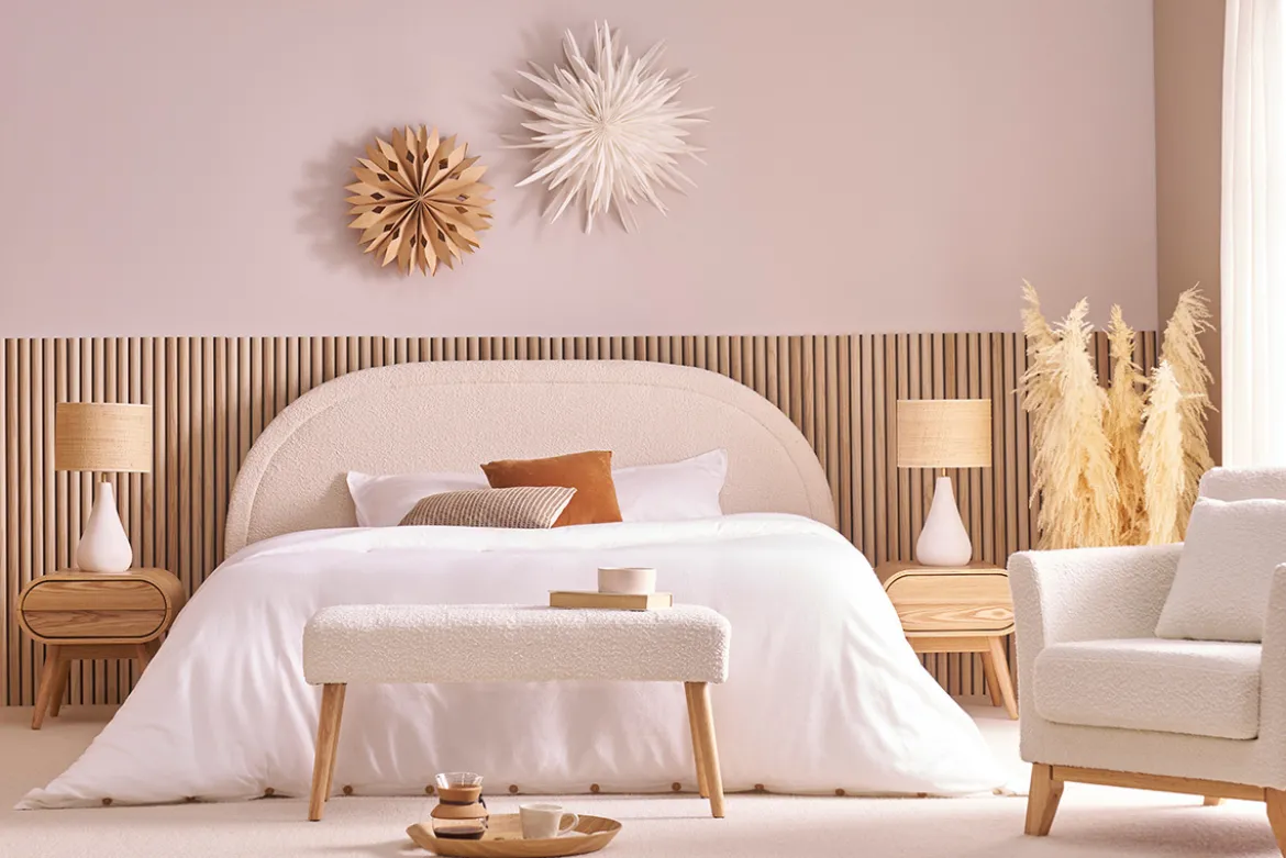 Banc scandinave capitonné en tissu effet laine bouclée blanc et bois clair L96 cm GUESTA