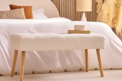 Banc scandinave capitonné en tissu effet laine bouclée blanc et bois clair L96 cm GUESTA