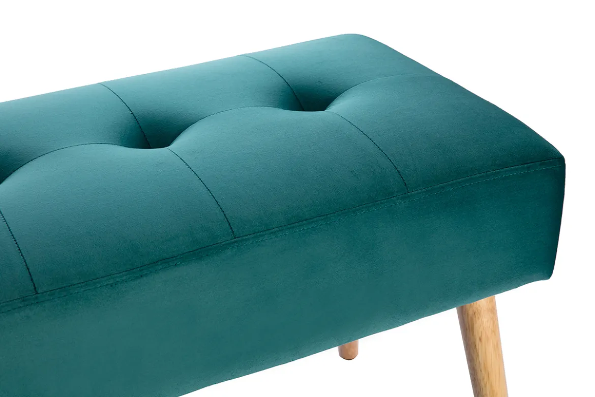 Banc scandinave capitonné en tissu velours bleu pétrole et bois clair L96 cm GUESTA