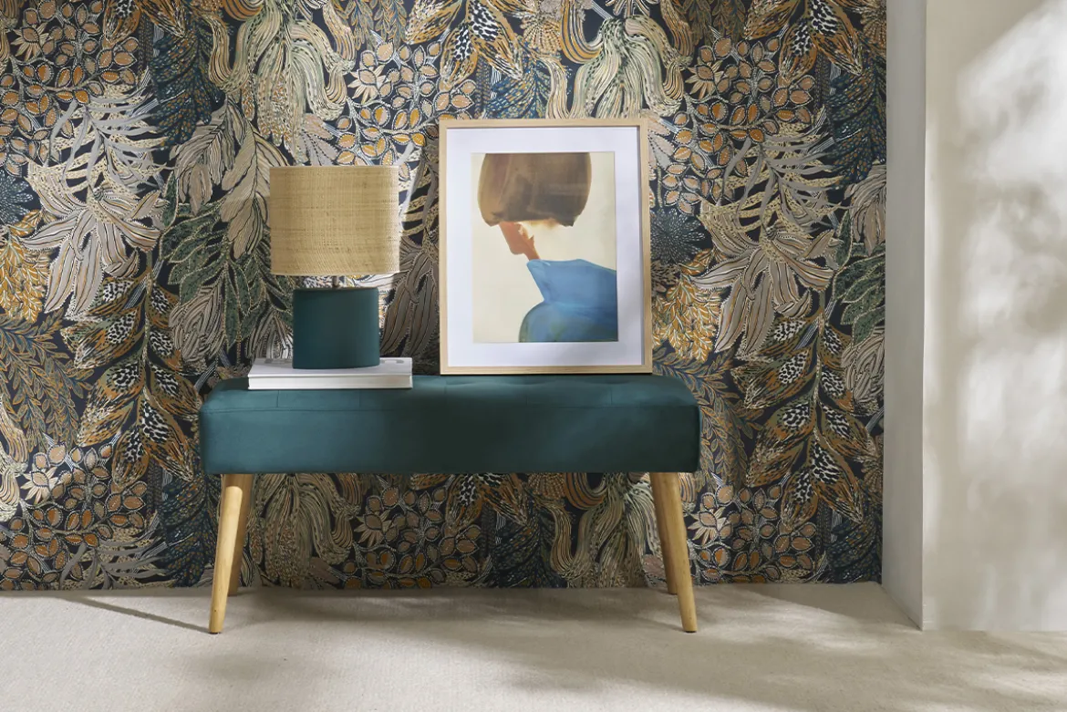 Banc scandinave capitonné en tissu velours bleu pétrole et bois clair L96 cm GUESTA
