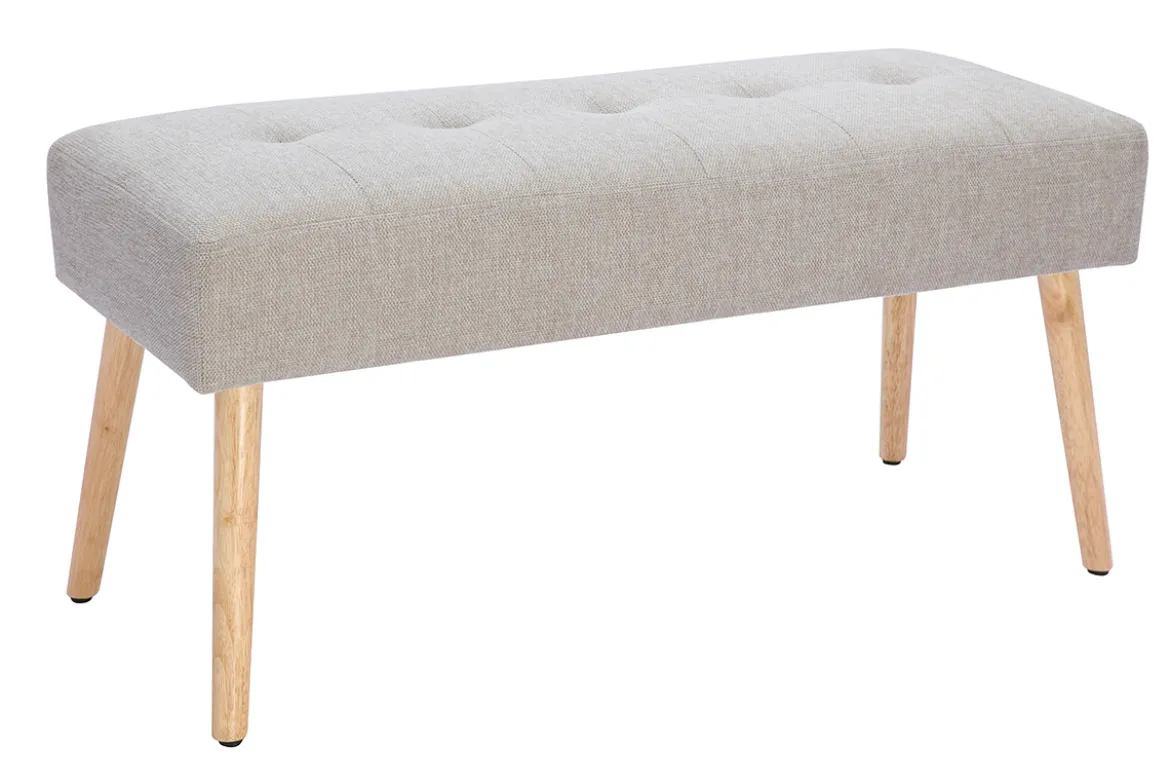 Banc scandinave capitonné en tissu effet velours texturé beige et bois clair L96 cm GUESTA