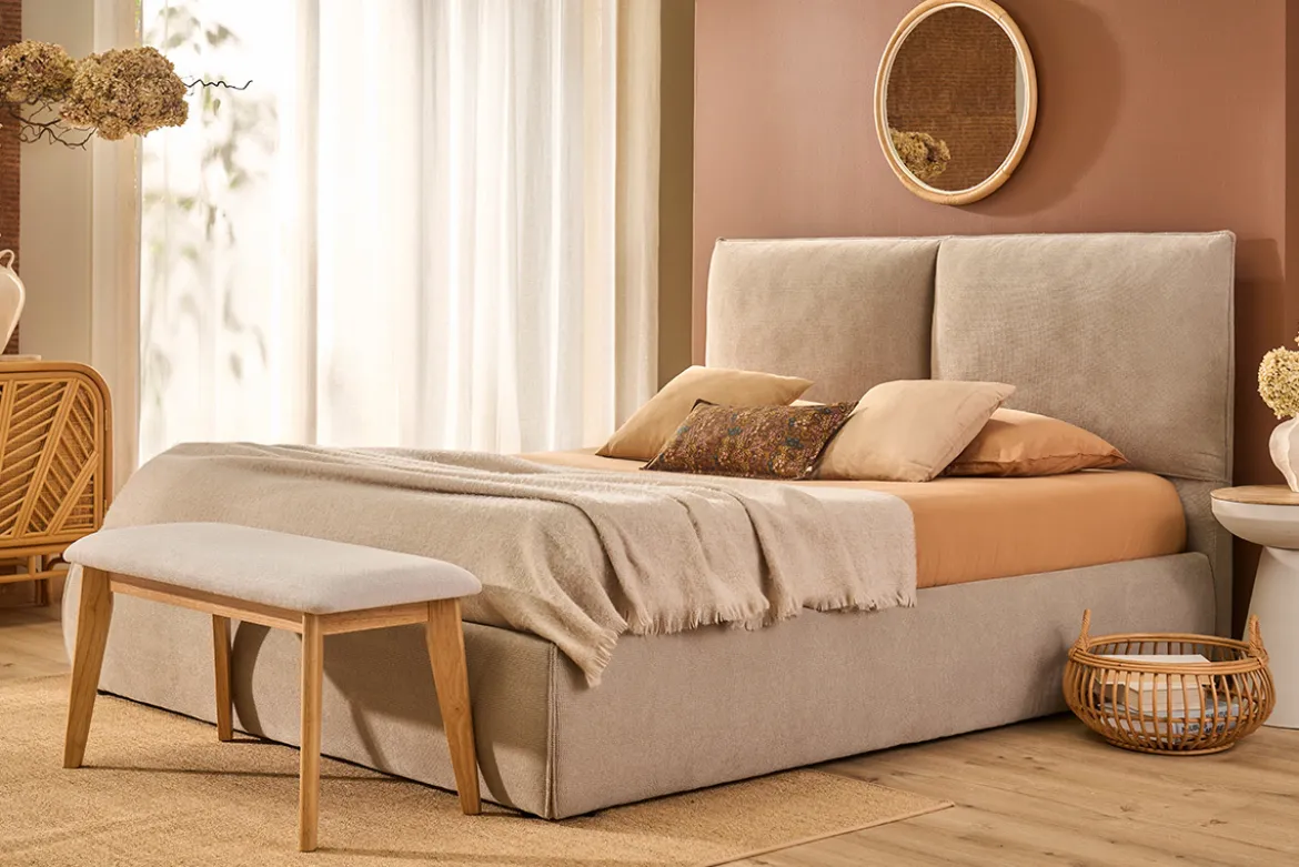 Banc scandinave en tissu effet velours texturé beige et bois clair L92 cm ELION