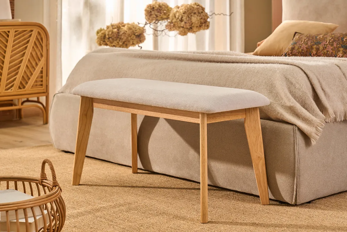 Banc scandinave en tissu effet velours texturé beige et bois clair L92 cm ELION