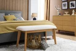 Banc scandinave en tissu effet laine bouclée blanc et bois clair L92 cm ELION