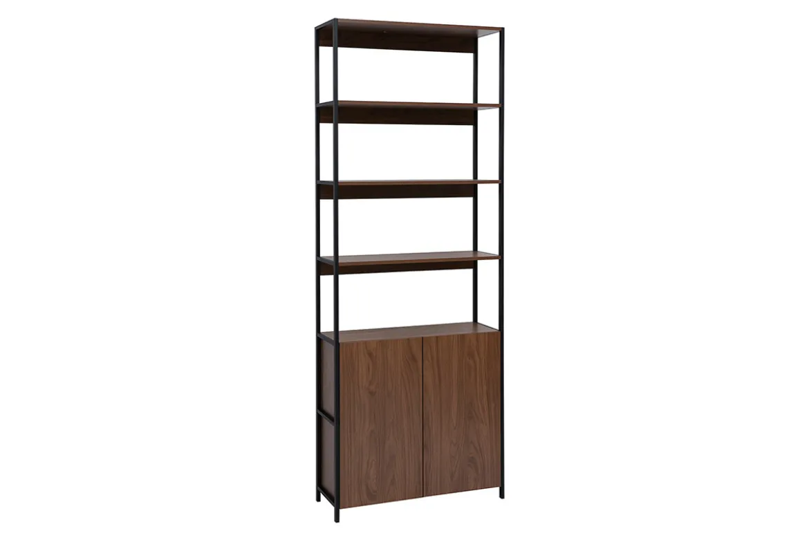 Bibliothèque avec rangements finition bois foncé noyer et métal noir L80 cm MAXENCE