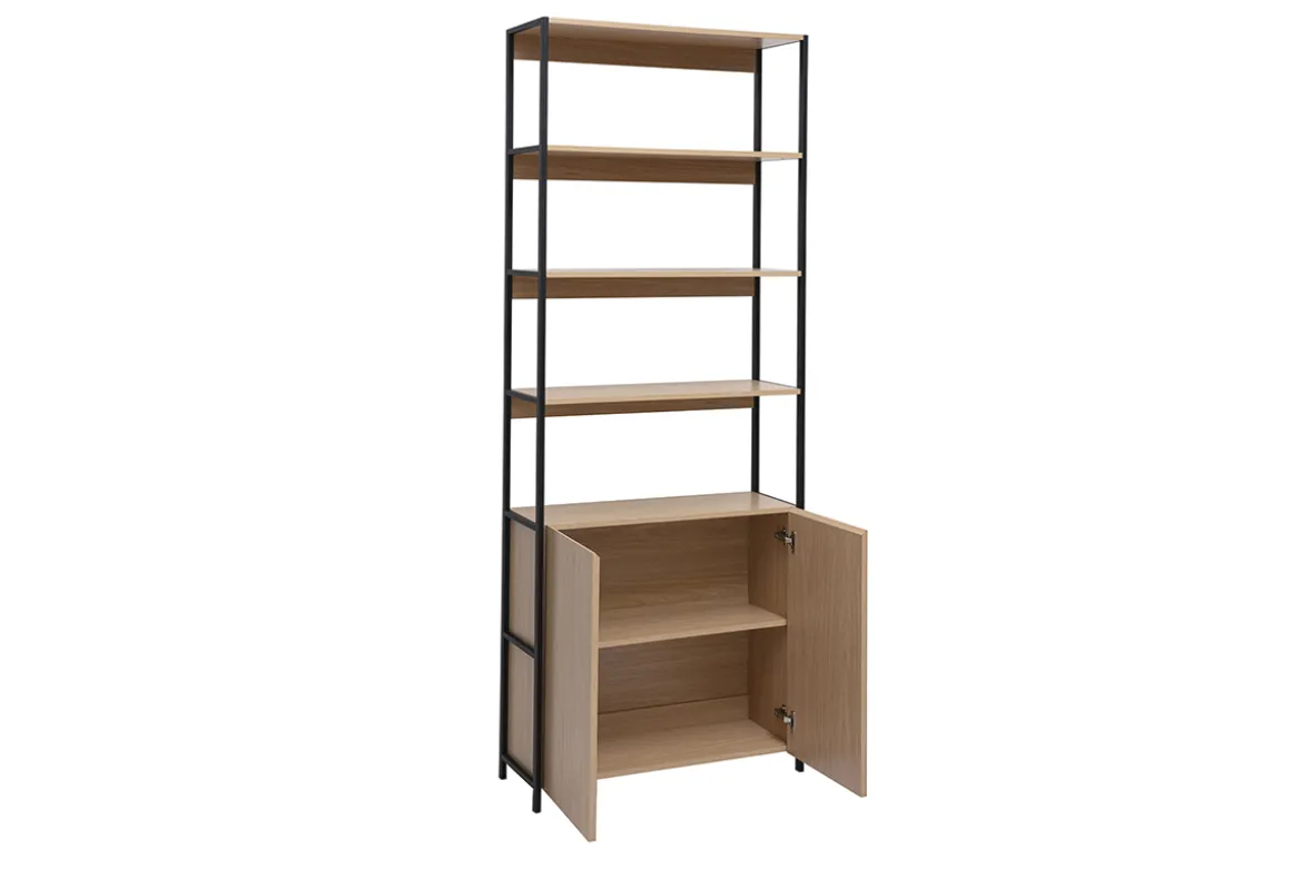 Bibliothèque avec rangements finition bois clair chêne et métal noir L80 cm MAXENCE