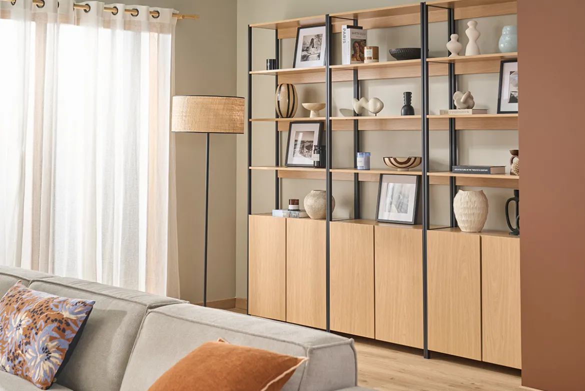 Bibliothèque avec rangements finition bois clair chêne et métal noir L80 cm MAXENCE