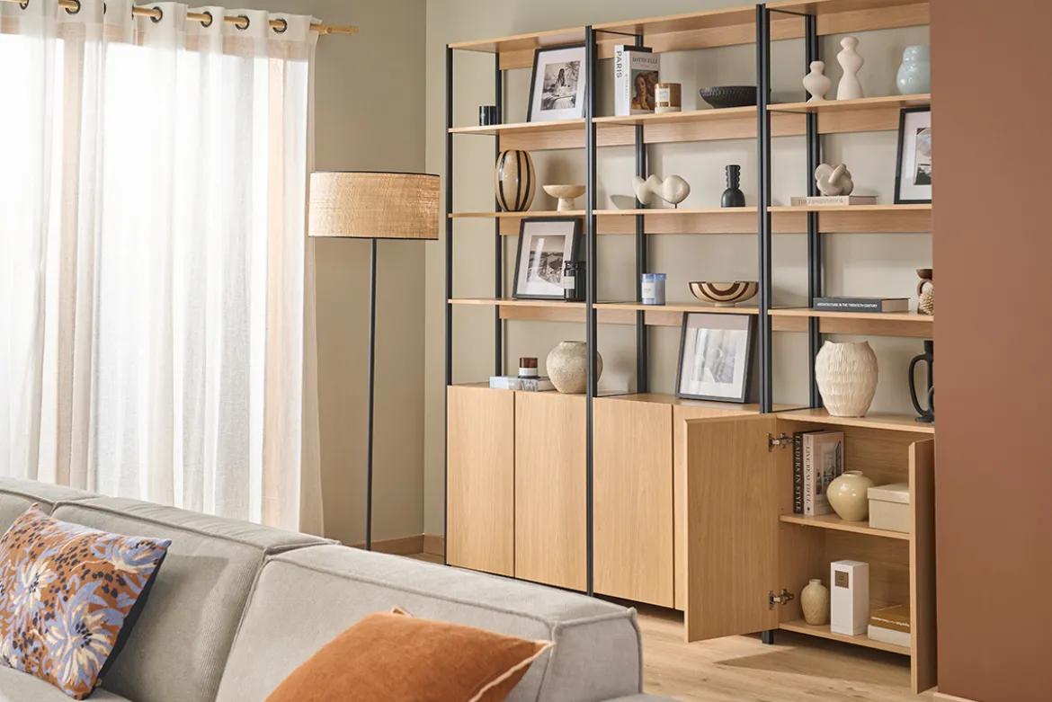 Bibliothèque avec rangements finition bois clair chêne et métal noir L80 cm MAXENCE