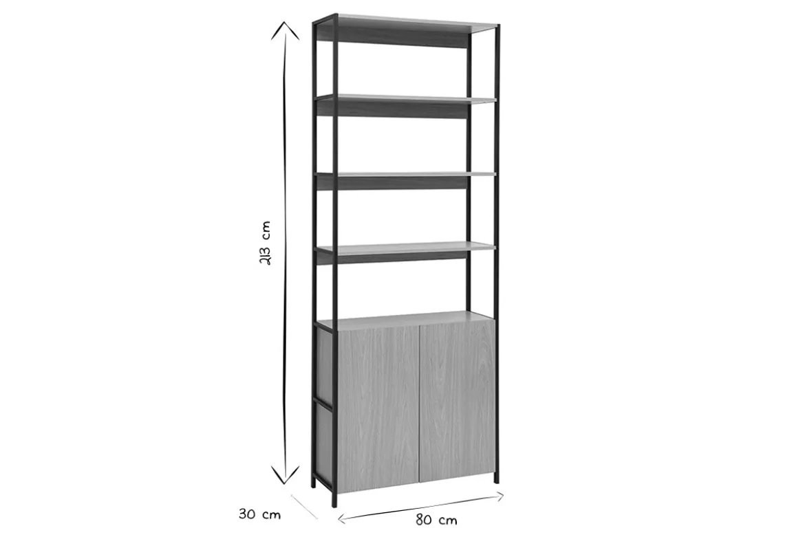 Bibliothèque avec rangements finition bois clair chêne et métal noir L80 cm MAXENCE