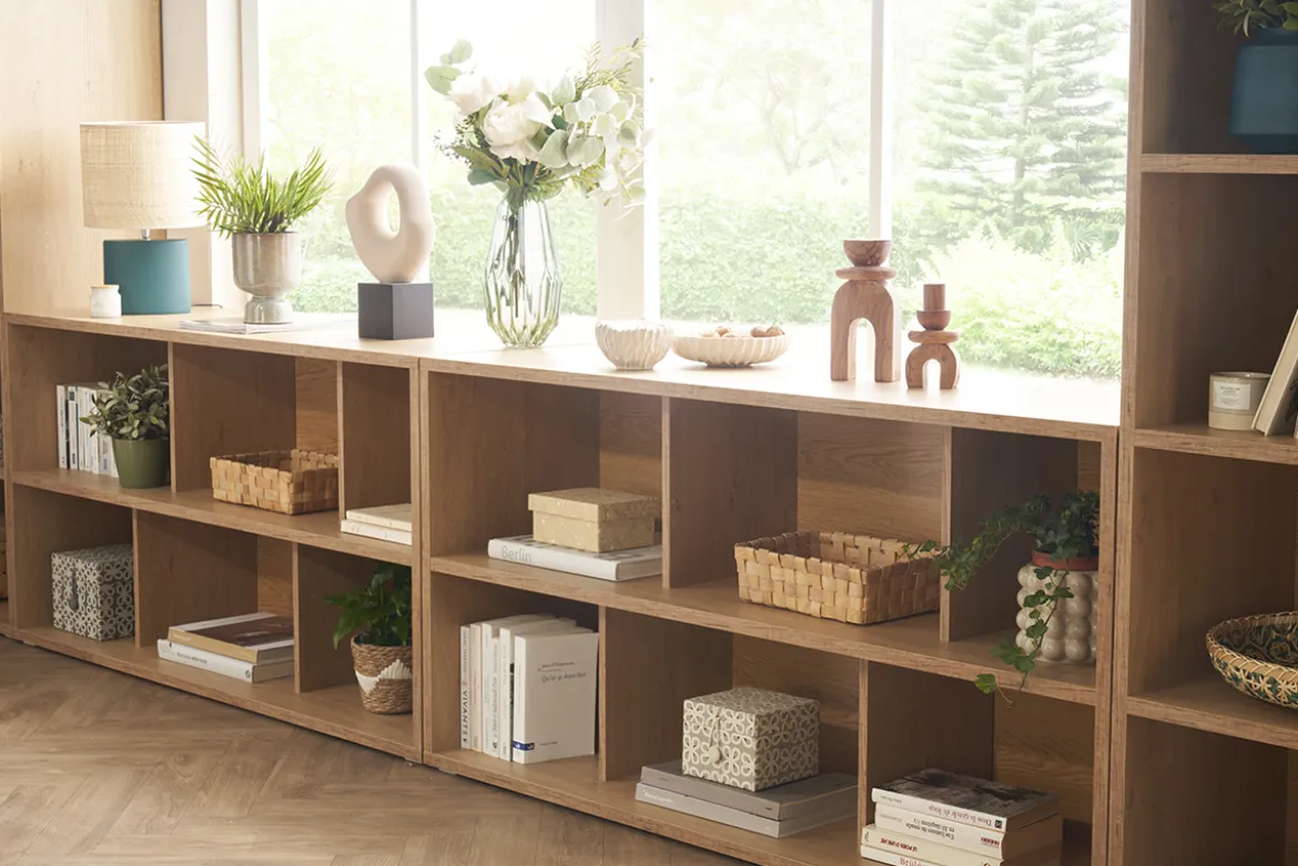 Bibliothèque basse finition bois blanc L140 cm EPURE