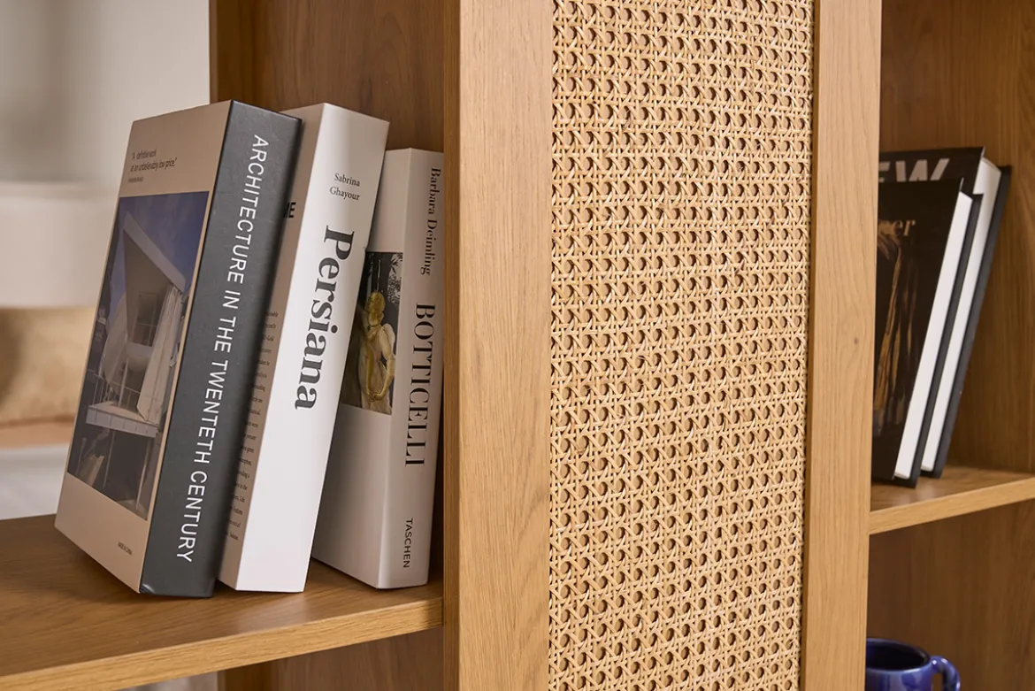 Bibliothèque séparatrice avec rangements finition bois clair chêne et cannage rotin L100 cm ALICANTE