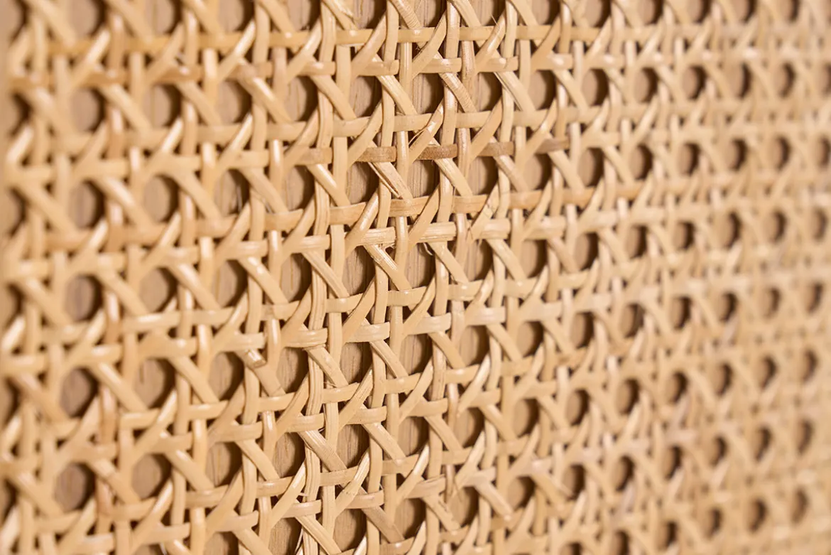 Bibliothèque séparatrice avec rangements finition bois clair chêne et cannage rotin L100 cm ALICANTE