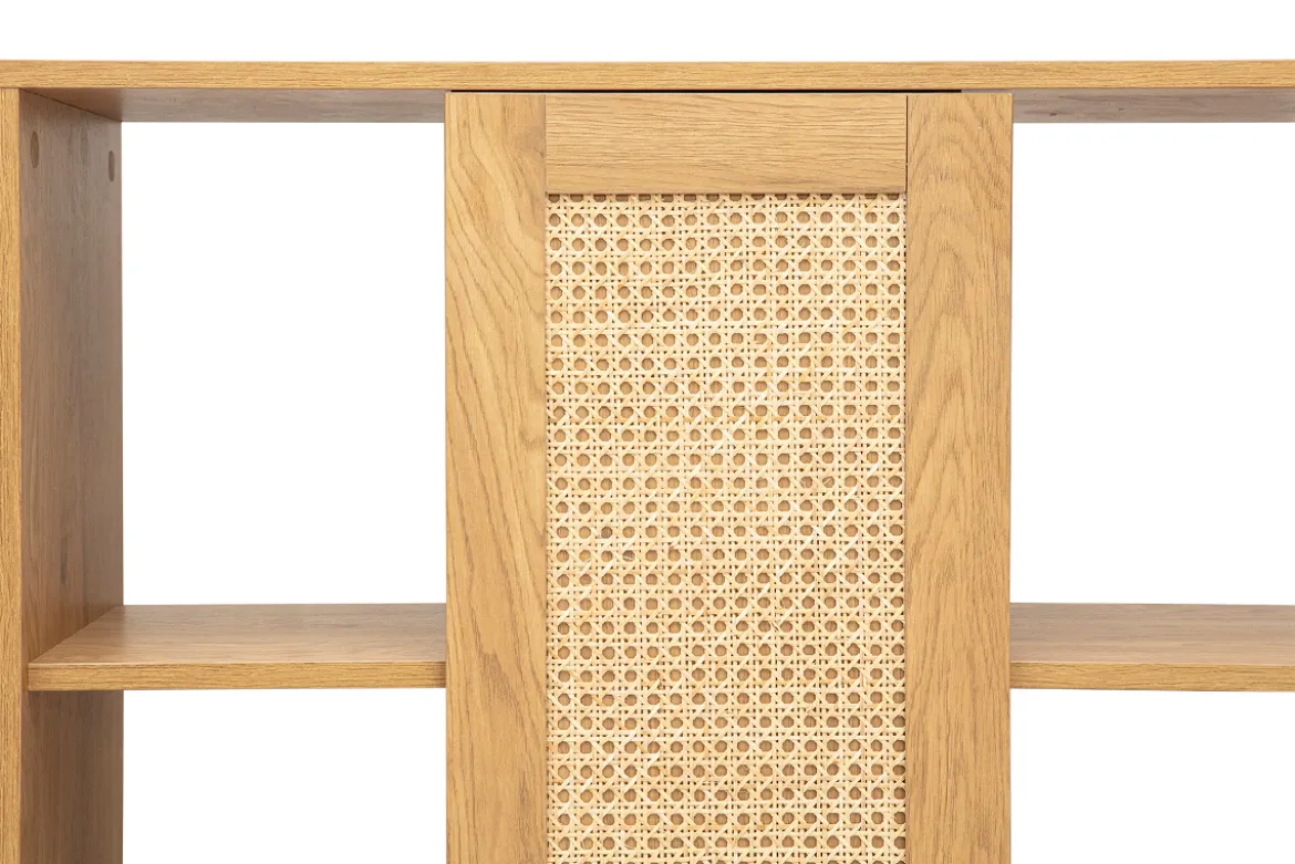 Bibliothèque séparatrice avec rangements finition bois clair chêne et cannage rotin L100 cm ALICANTE