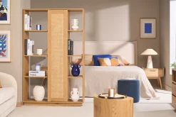 Bibliothèque séparatrice avec rangements finition bois clair chêne et cannage rotin L100 cm ALICANTE
