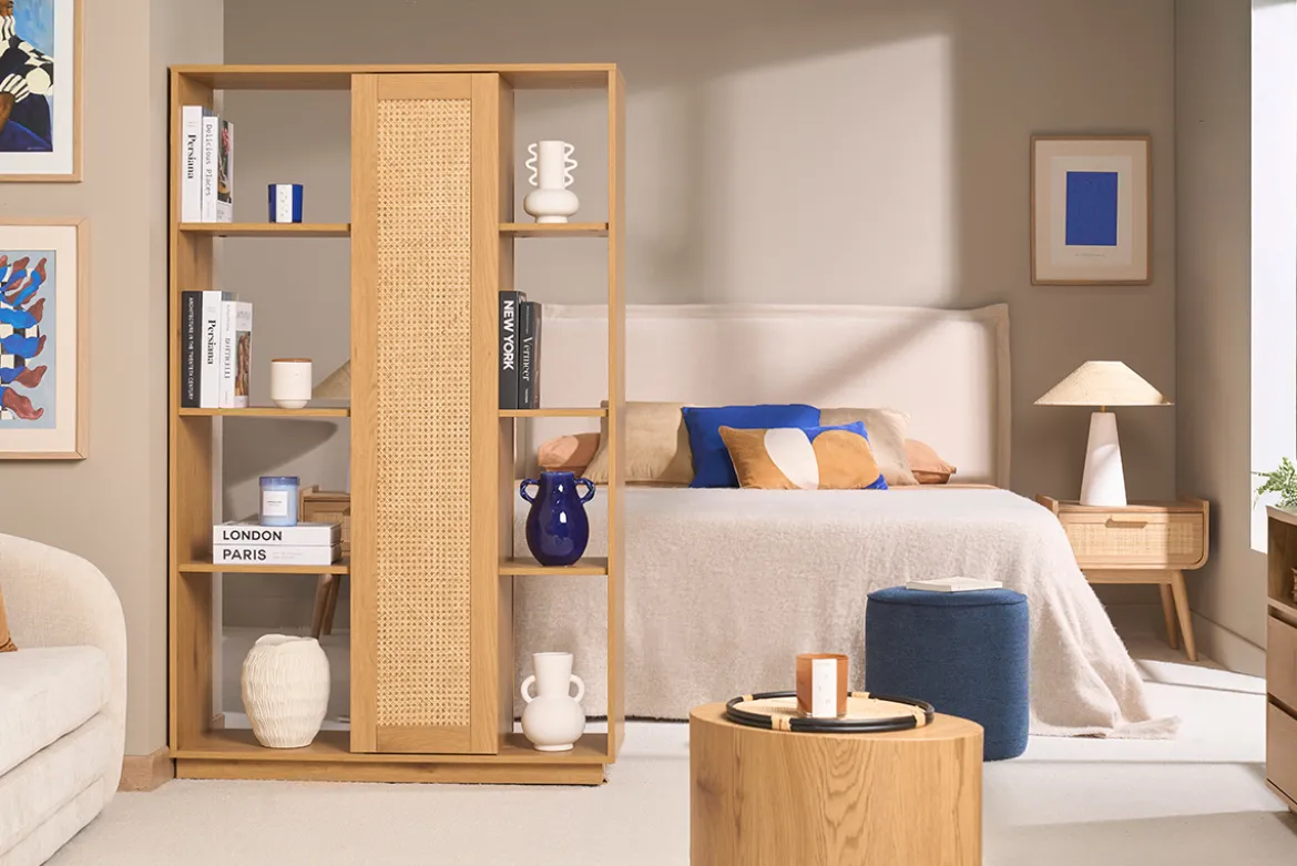 Bibliothèque séparatrice avec rangements finition bois clair chêne et cannage rotin L100 cm ALICANTE