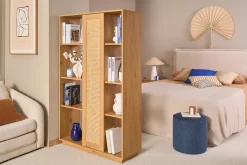 Bibliothèque séparatrice avec rangements finition bois clair chêne et cannage rotin L100 cm ALICANTE