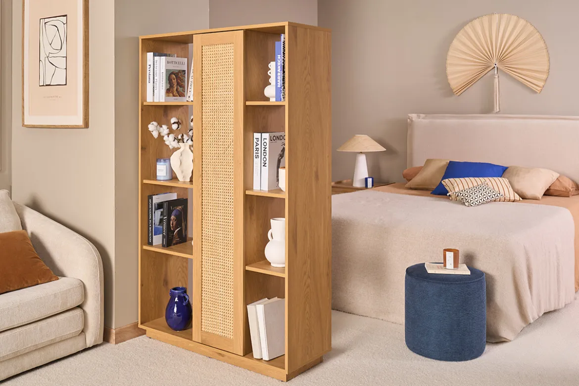 Bibliothèque séparatrice avec rangements finition bois clair chêne et cannage rotin L100 cm ALICANTE