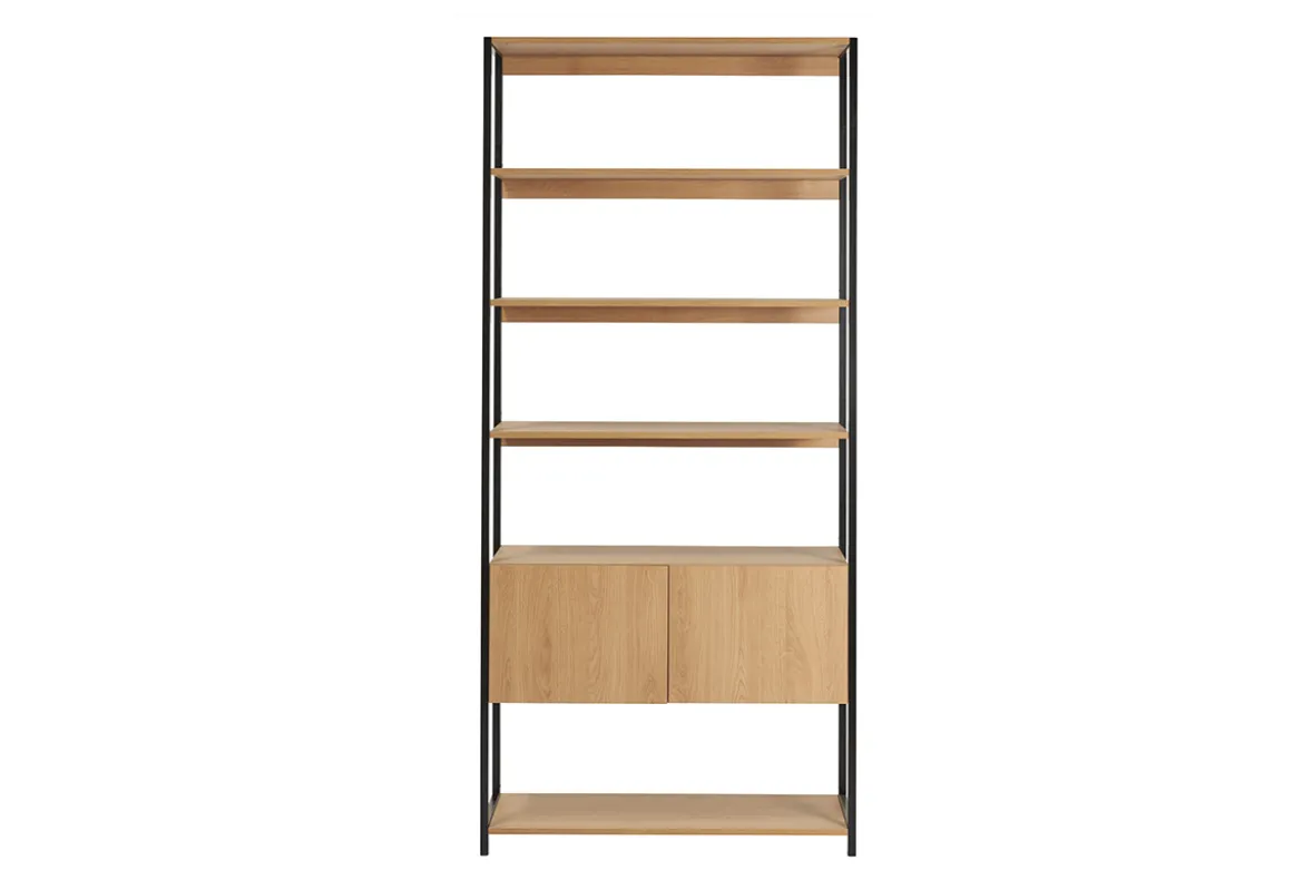 Bibliothèque étagère avec rangement fermé finition bois clair chêne et métal noir L94 cm FLEA