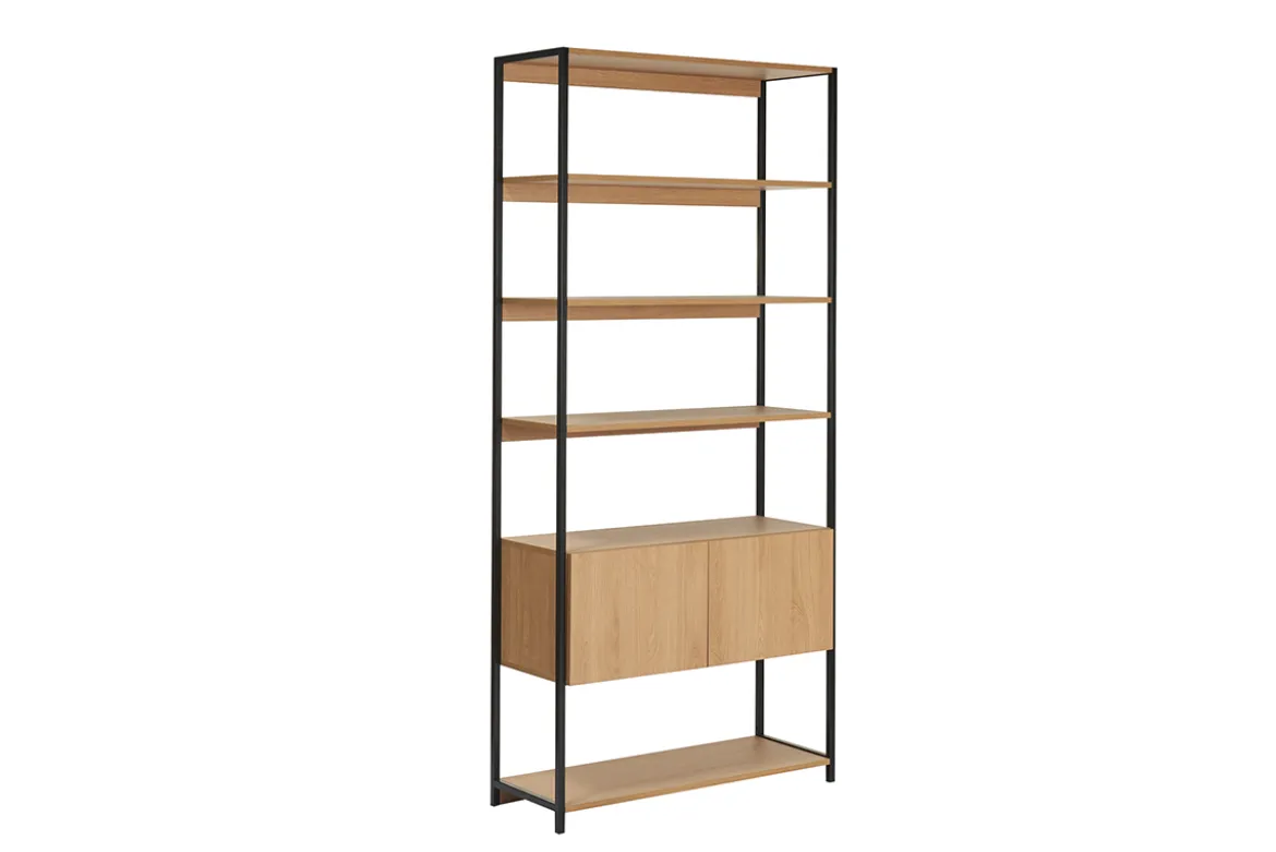 Bibliothèque étagère avec rangement fermé finition bois clair chêne et métal noir L94 cm FLEA