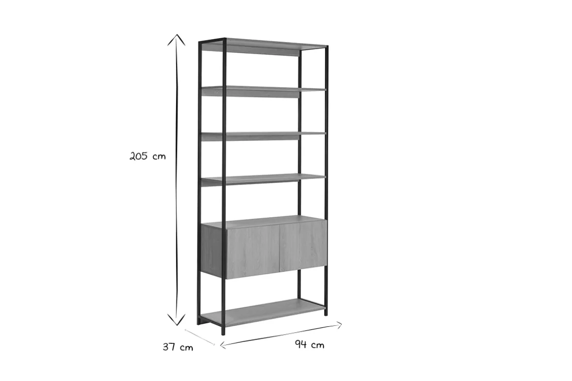 Bibliothèque étagère avec rangement fermé finition bois clair chêne et métal noir L94 cm FLEA