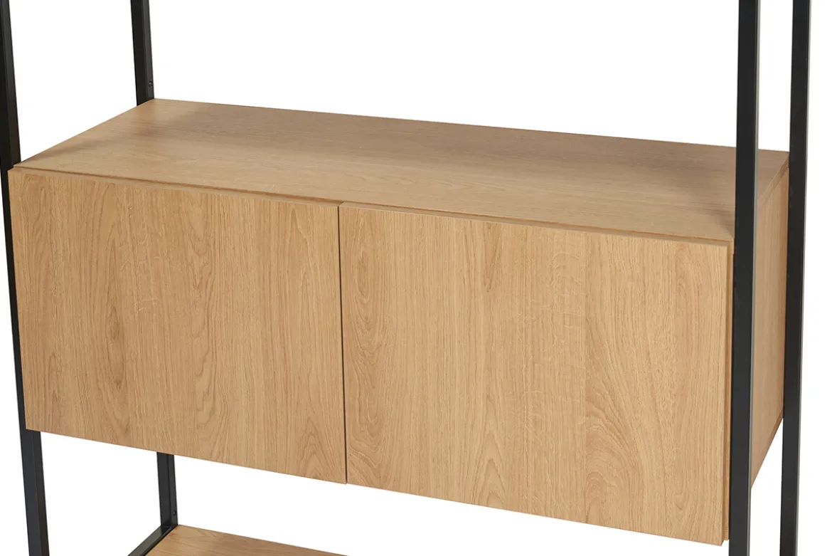 Bibliothèque étagère avec rangement fermé finition bois clair chêne et métal noir L94 cm FLEA