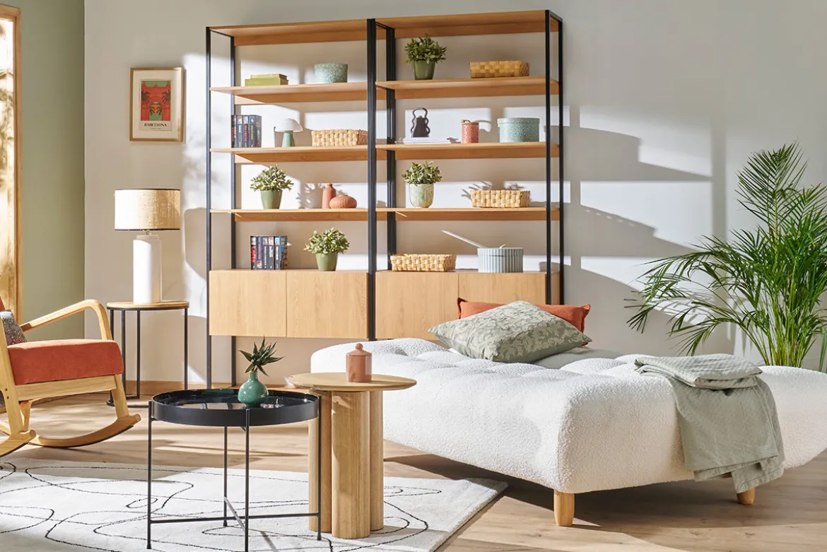 Bibliothèque étagère avec rangement fermé finition bois clair chêne et métal noir L94 cm FLEA