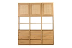 Bibliothèque étagère avec rangements finition bois clair chêne et cannage rotin L150 cm SEVILLE