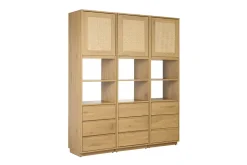 Bibliothèque étagère avec rangements finition bois clair chêne et cannage rotin L150 cm SEVILLE