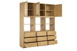 Bibliothèque étagère avec rangements finition bois clair chêne et cannage rotin L150 cm SEVILLE