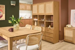 Bibliothèque étagère avec rangements finition bois clair chêne et cannage rotin L150 cm SEVILLE
