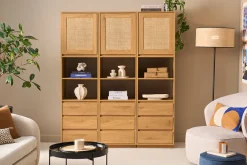 Bibliothèque étagère avec rangements finition bois clair chêne et cannage rotin L150 cm SEVILLE