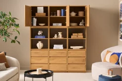 Bibliothèque étagère avec rangements finition bois clair chêne et cannage rotin L150 cm SEVILLE