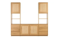 Bibliothèque étagère avec rangements finition bois clair chêne et cannage rotin L196 cm SEVILLE