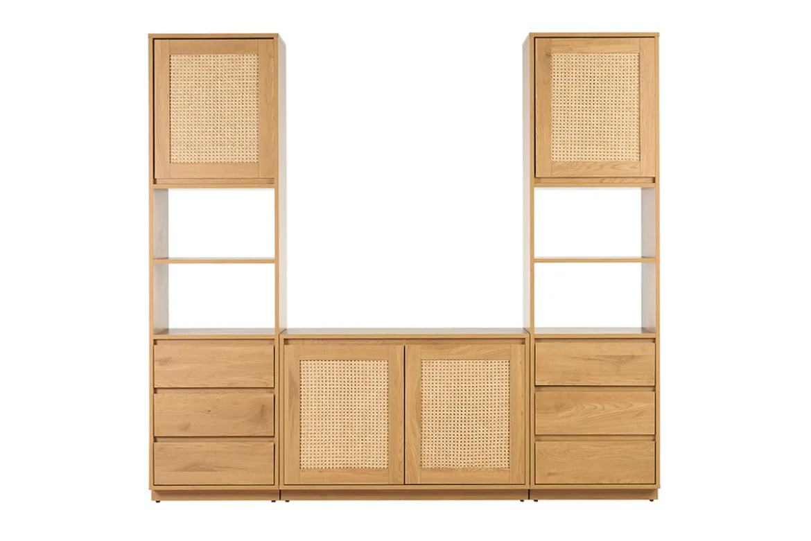 Bibliothèque étagère avec rangements finition bois clair chêne et cannage rotin L196 cm SEVILLE