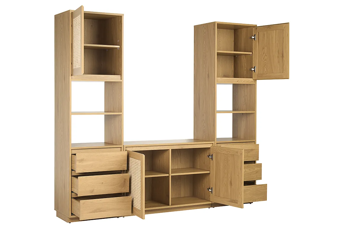 Bibliothèque étagère avec rangements finition bois clair chêne et cannage rotin L196 cm SEVILLE