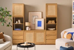 Bibliothèque étagère avec rangements finition bois clair chêne et cannage rotin L196 cm SEVILLE