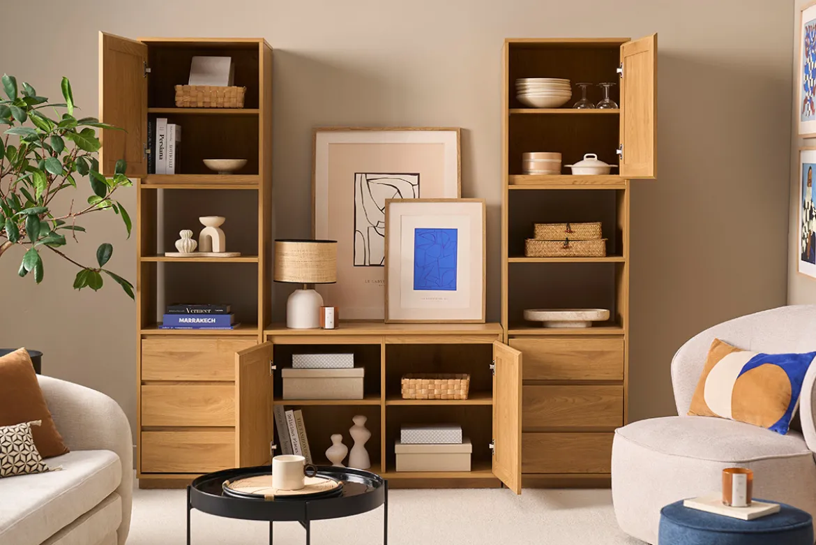 Bibliothèque étagère avec rangements finition bois clair chêne et cannage rotin L196 cm SEVILLE