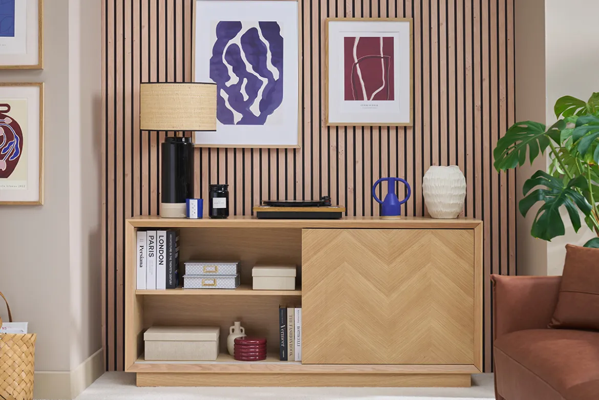Buffet bas avec portes coulissantes en bois clair chêne L160 cm ARROW