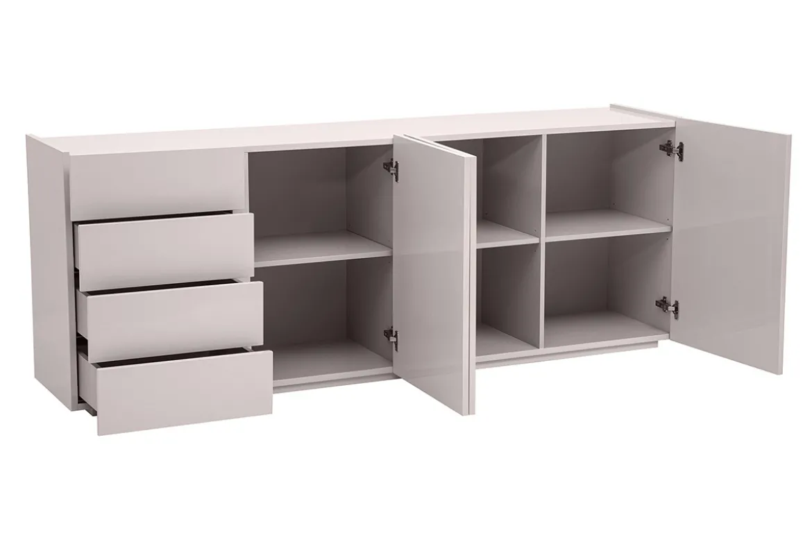 Buffet beige laqué brillant 3 portes 4 tiroirs L200 cm ISAURE