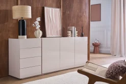Buffet beige laqué brillant 3 portes 4 tiroirs L200 cm ISAURE