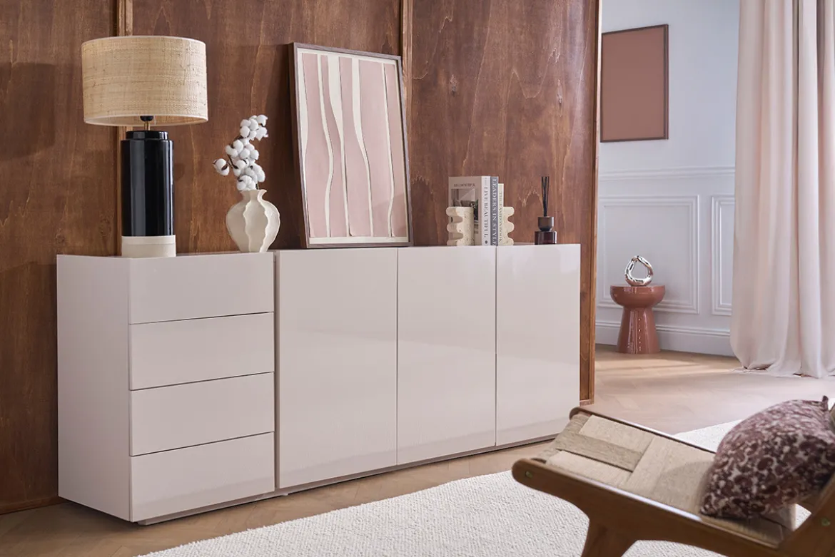 Buffet beige laqué brillant 3 portes 4 tiroirs L200 cm ISAURE