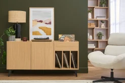 Buffet de rangement vinyles en bois clair finiton chêne et métal noir L140 cm SEDA