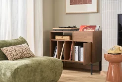 Buffet de rangement vinyles en bois foncé finiton noyer et métal noir L90 cm KANE