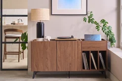 Buffet de rangement vinyles en bois foncé finiton noyer et métal noir L140 cm SEDA